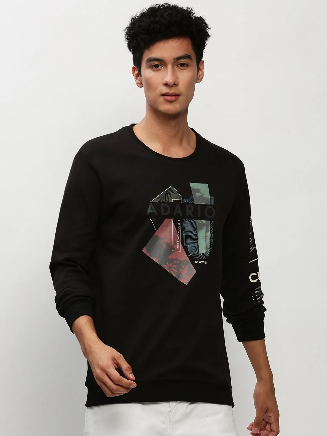 Men Black Graphic Printed Long Sleeves Cotton Terry Pullover Sweatshirt