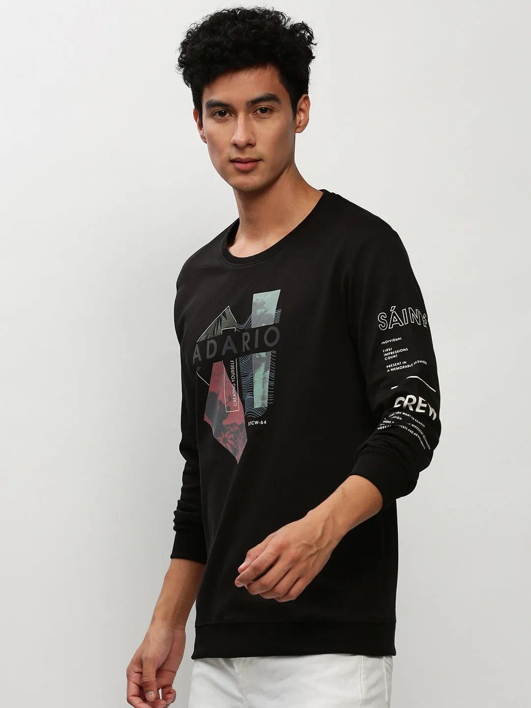 Men Black Graphic Printed Long Sleeves Cotton Terry Pullover Sweatshirt