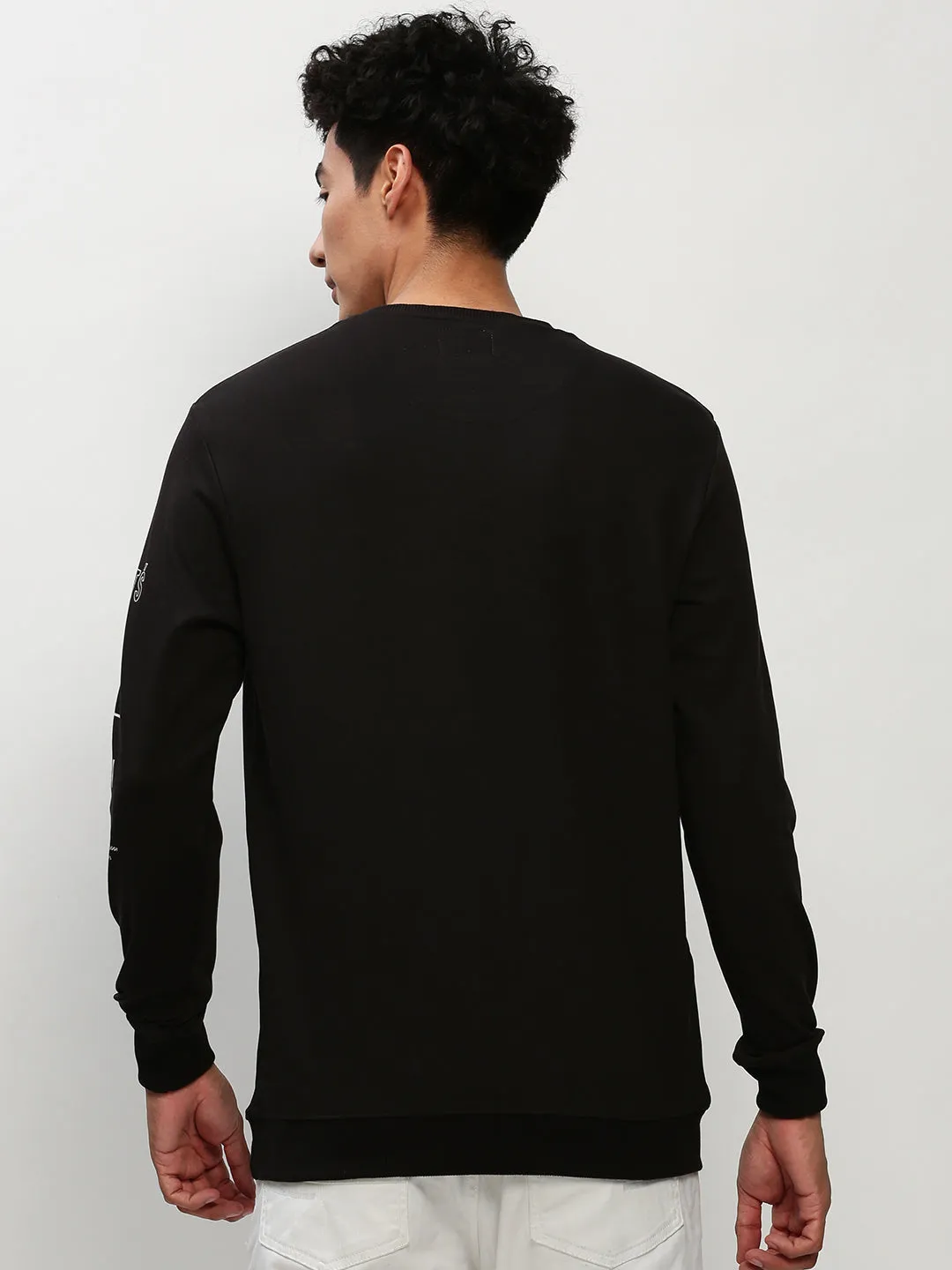 Men Black Graphic Printed Long Sleeves Cotton Terry Pullover Sweatshirt
