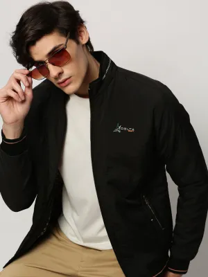 Men Black Mock Collar Bomber Jacket
