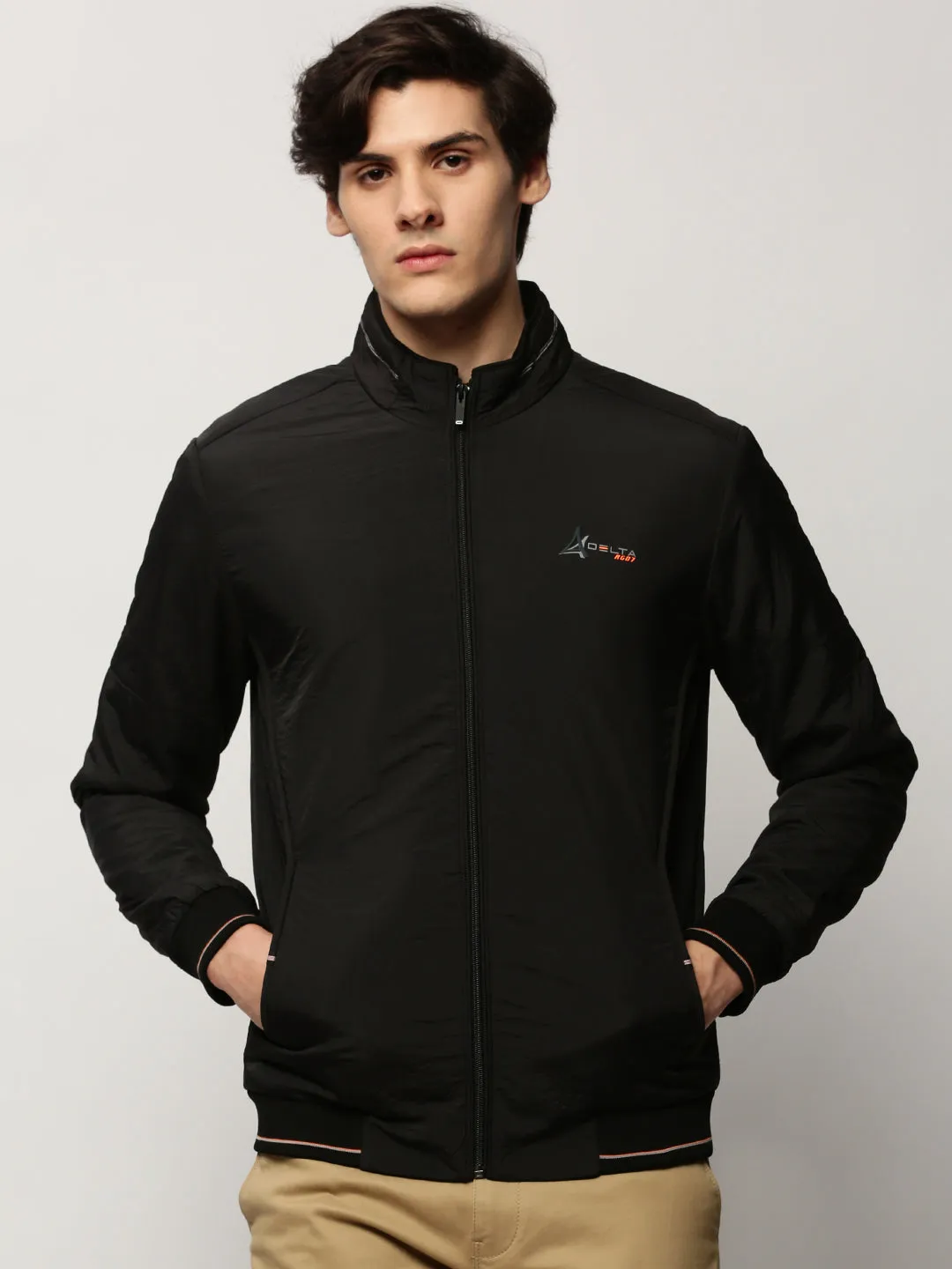 Men Black Mock Collar Bomber Jacket