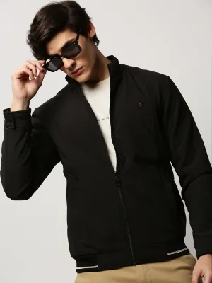 Men Black Mock Collar Bomber Jacket