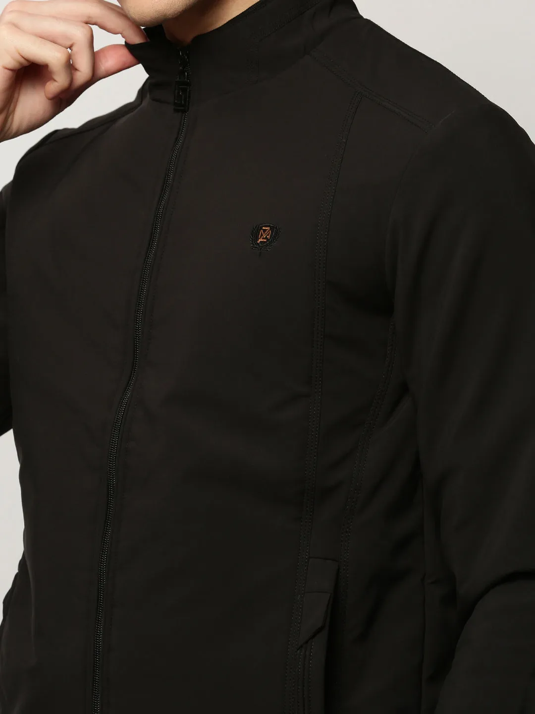Men Black Mock Collar Bomber Jacket