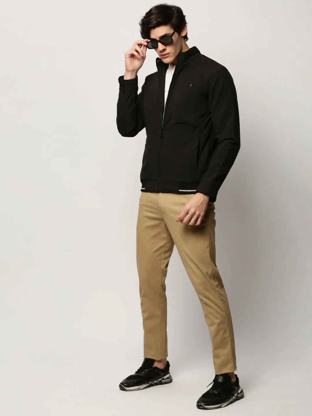 Men Black Mock Collar Bomber Jacket