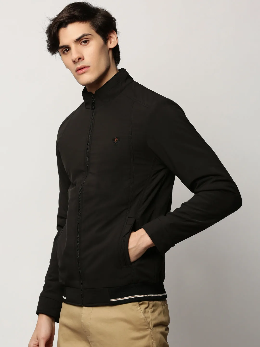 Men Black Mock Collar Bomber Jacket