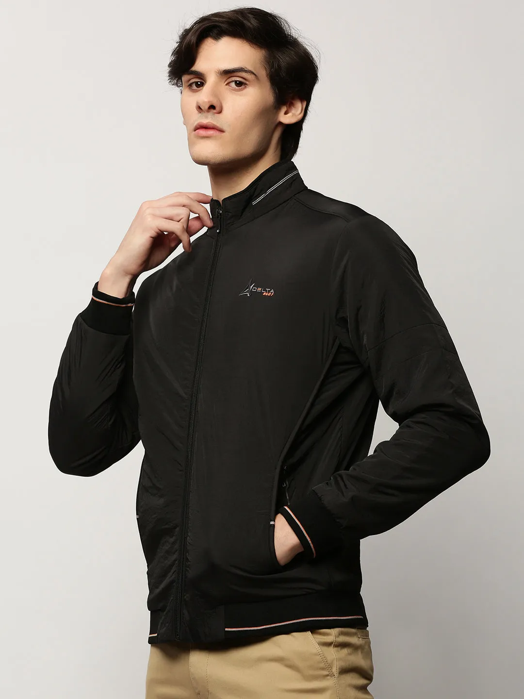 Men Black Mock Collar Bomber Jacket