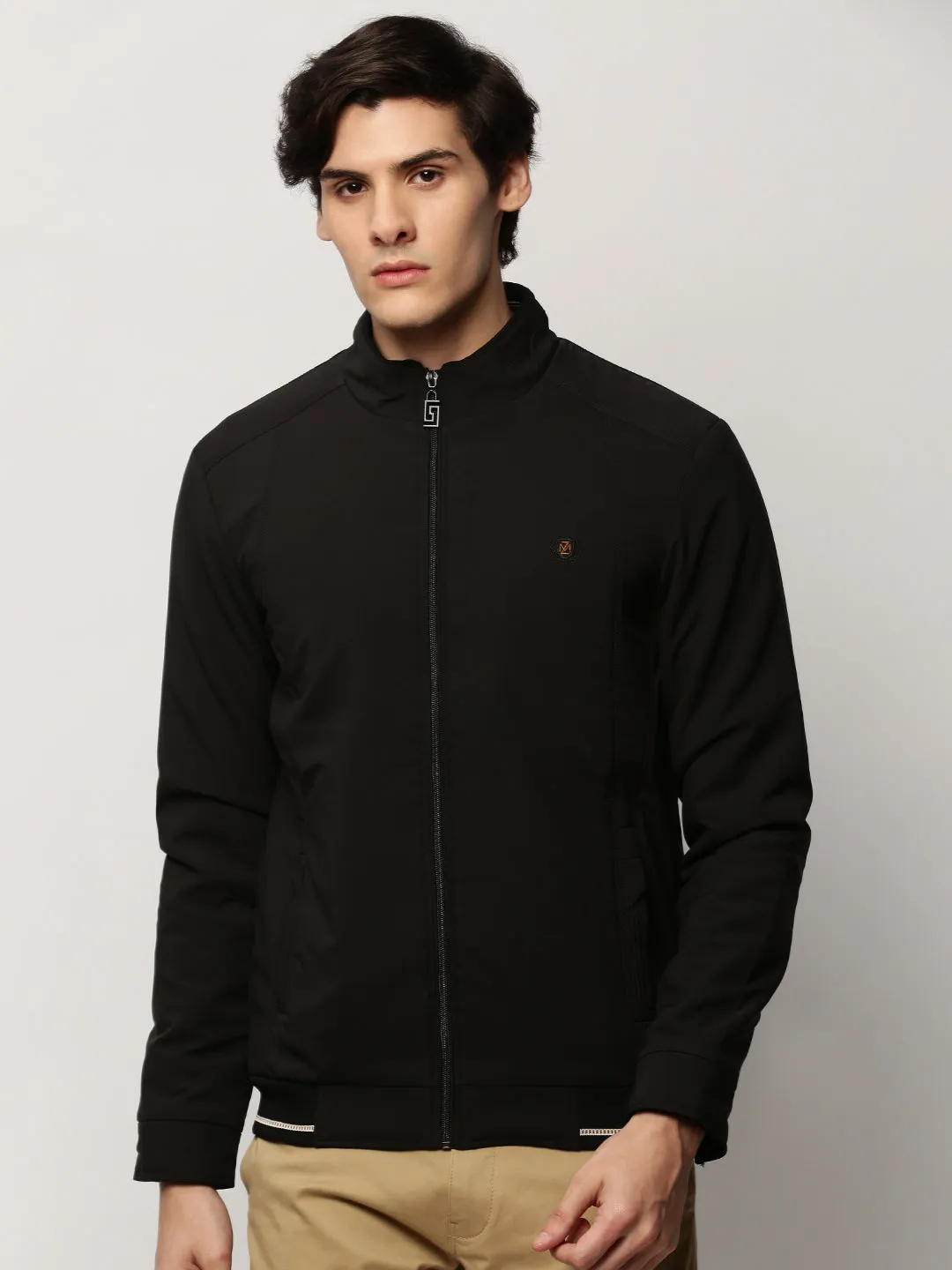 Men Black Mock Collar Bomber Jacket