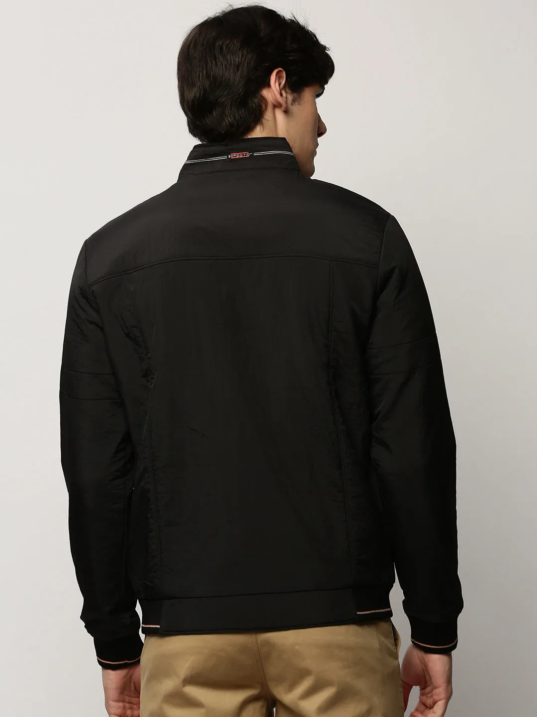 Men Black Mock Collar Bomber Jacket
