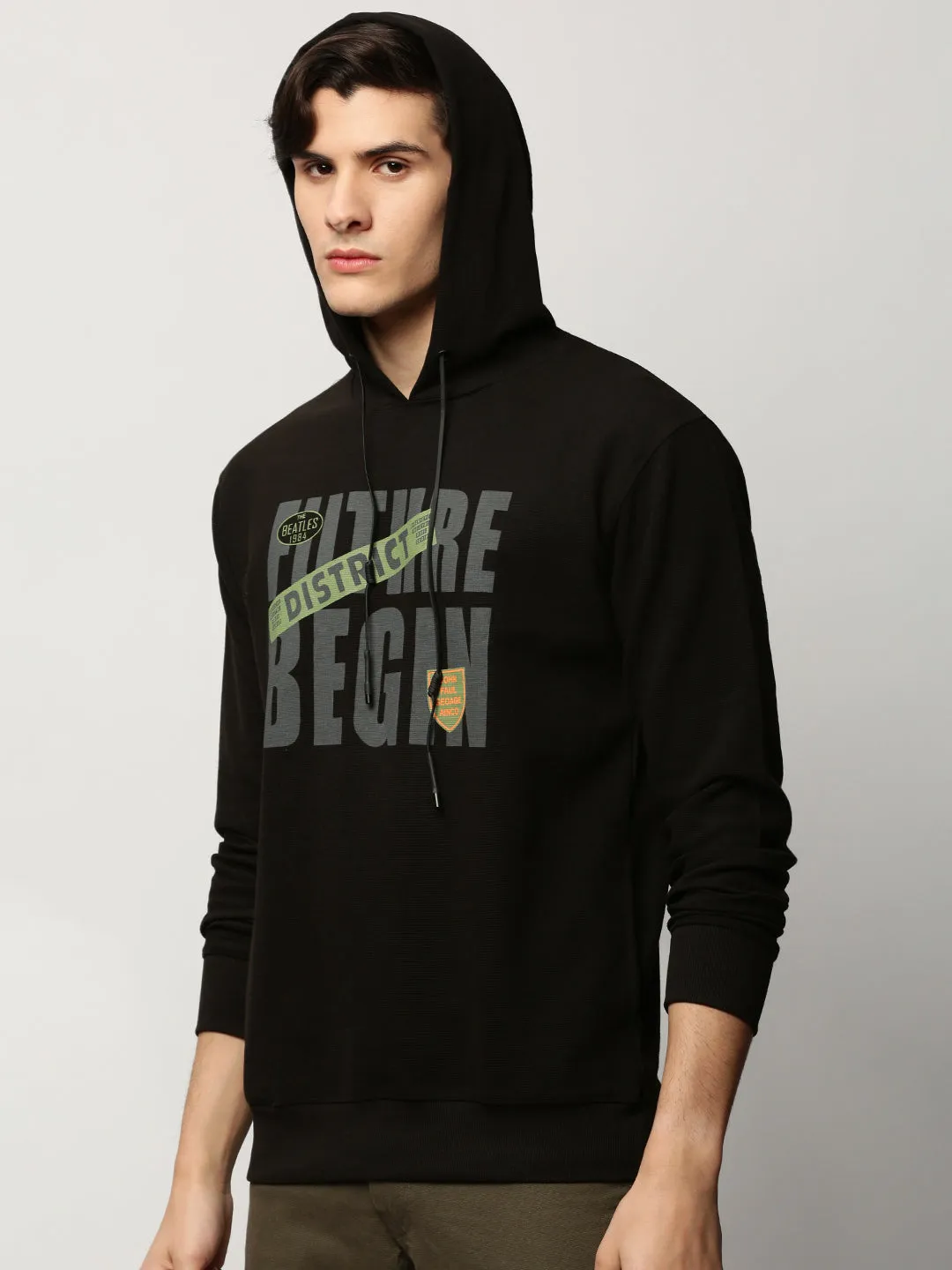 Men Black Typography Printed Hooded Cotton Pullover
