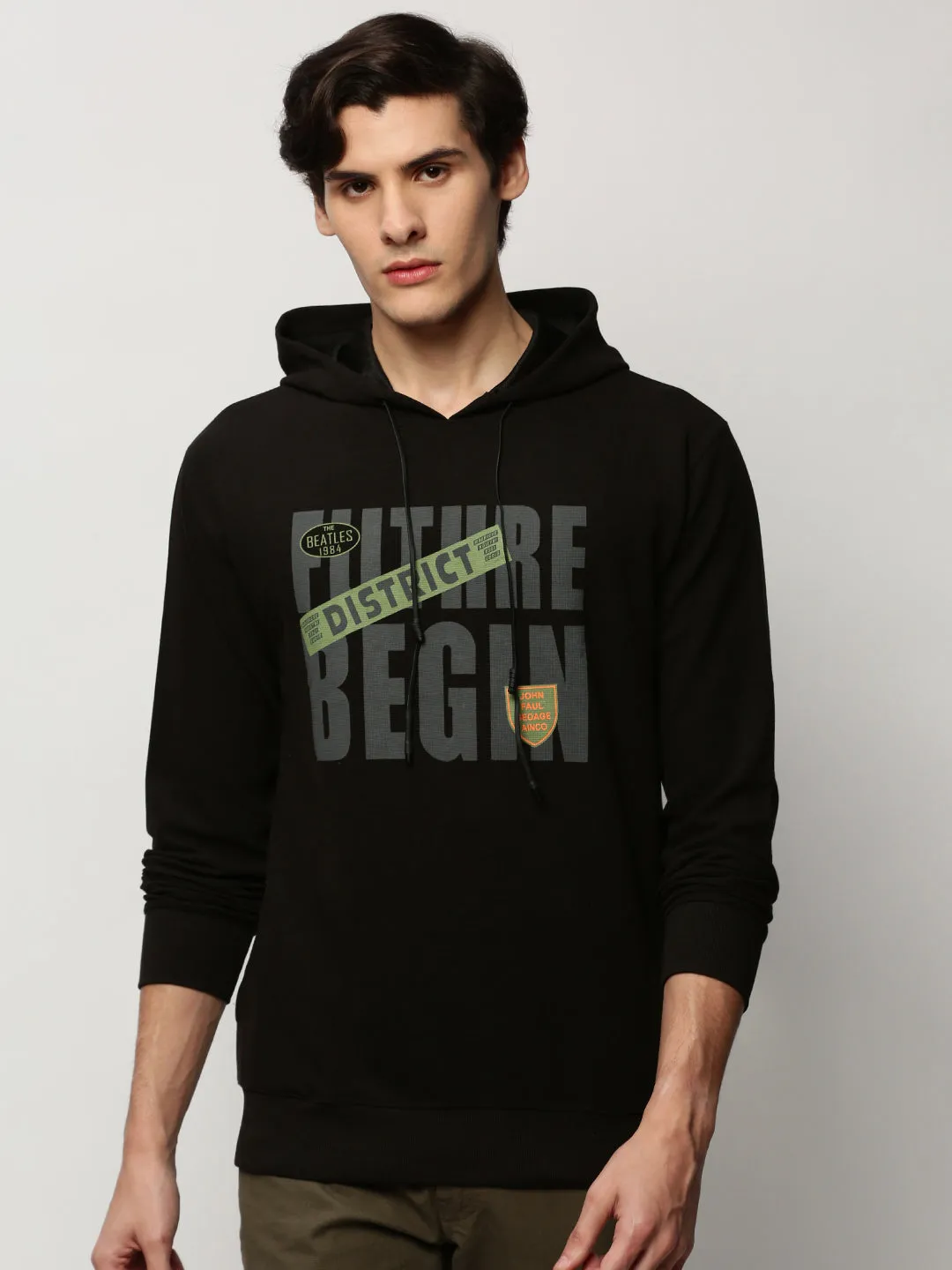 Men Black Typography Printed Hooded Cotton Pullover