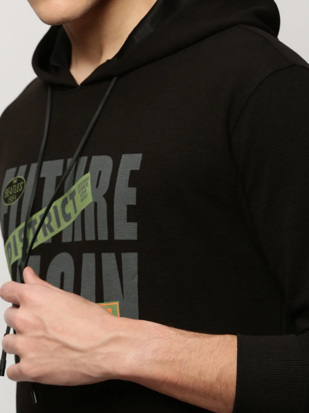 Men Black Typography Printed Hooded Cotton Pullover