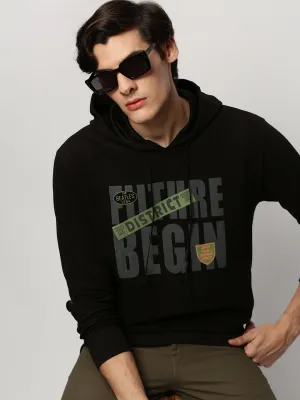 Men Black Typography Printed Hooded Cotton Pullover