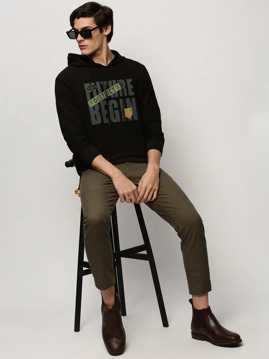 Men Black Typography Printed Hooded Cotton Pullover