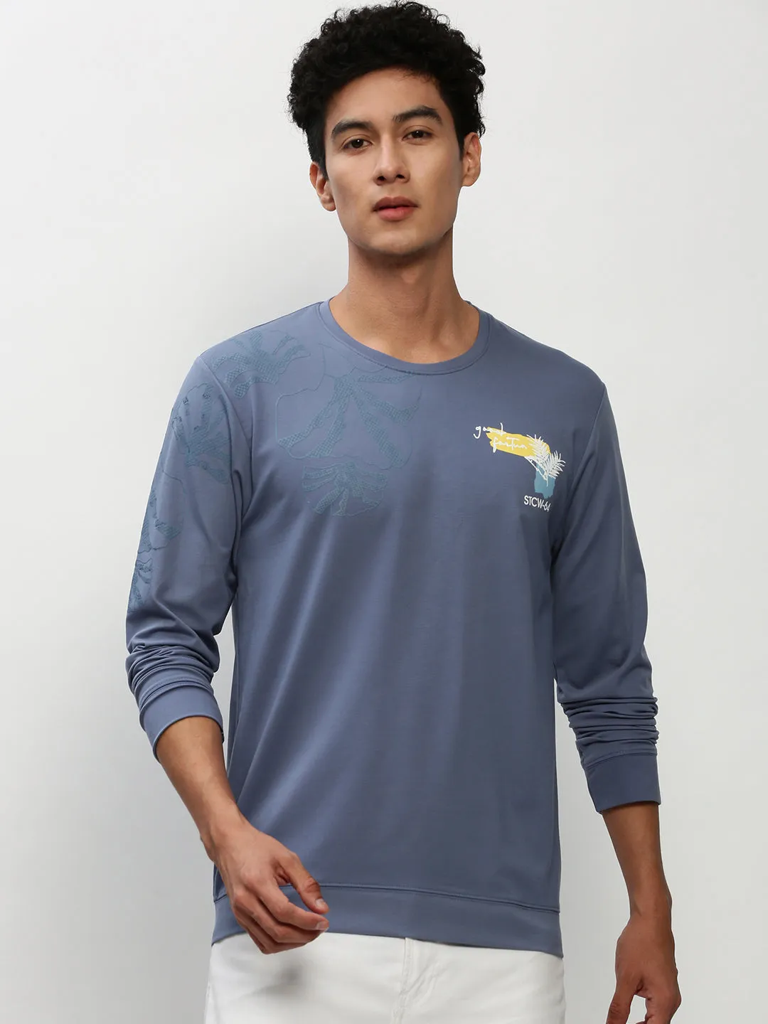 Men Blue Graphic Printed Cotton Sweatshirt