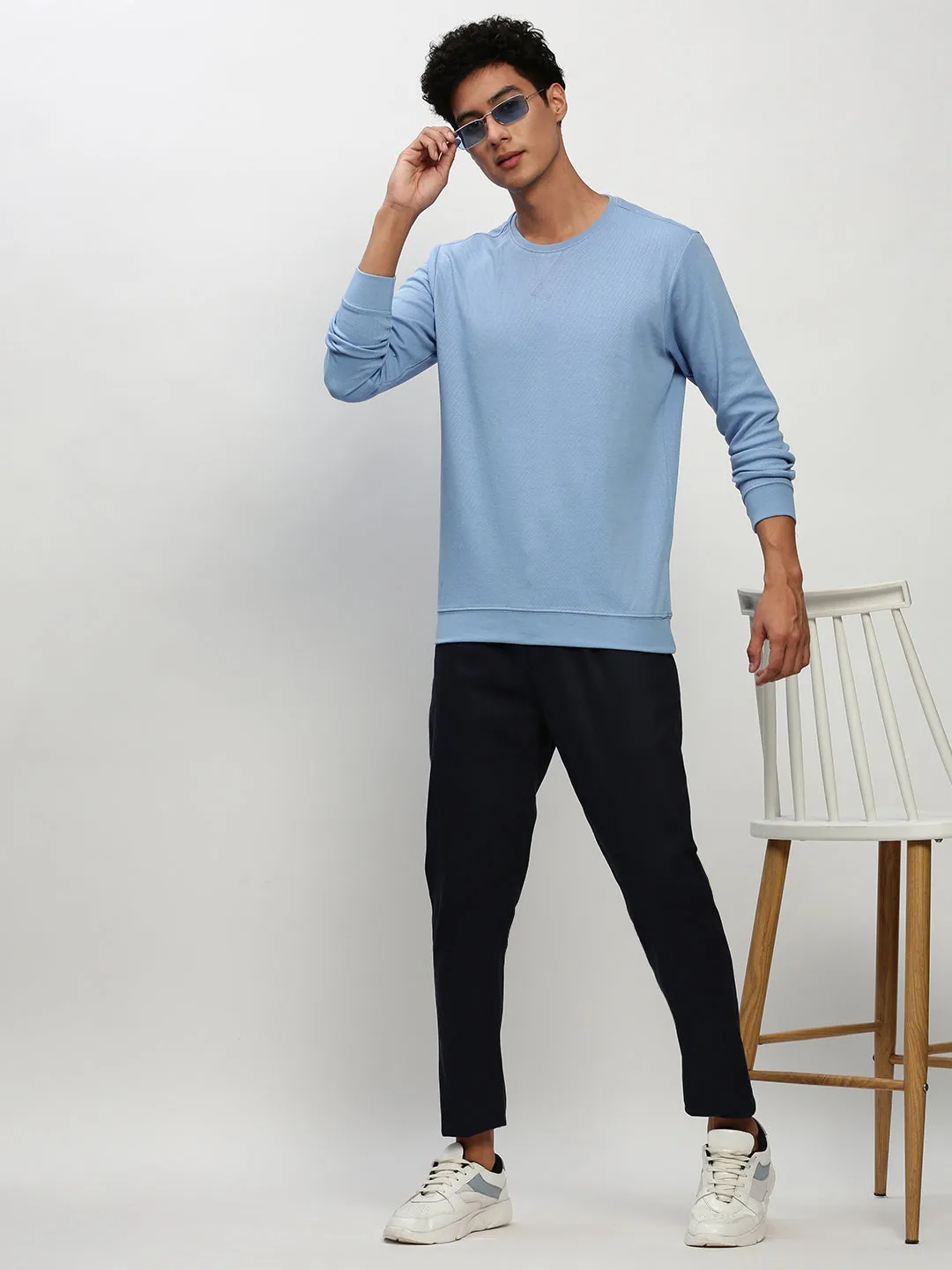 Men Blue Long Sleeves Cotton Pullover