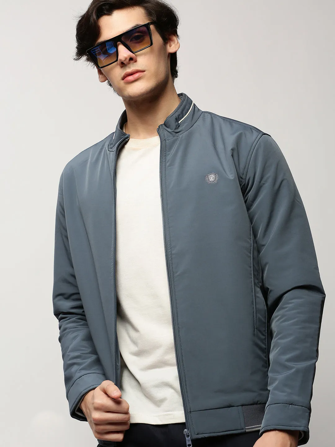 Men Blue Mock Collar Bomber Jacket