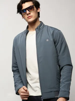 Men Blue Mock Collar Bomber Jacket