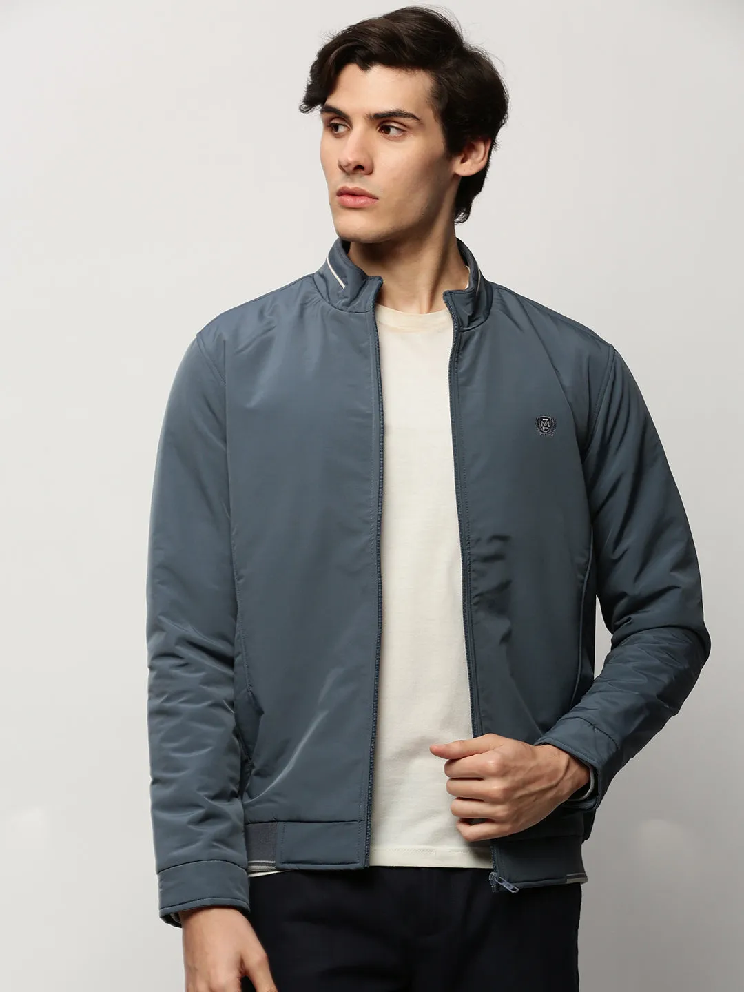 Men Blue Mock Collar Bomber Jacket