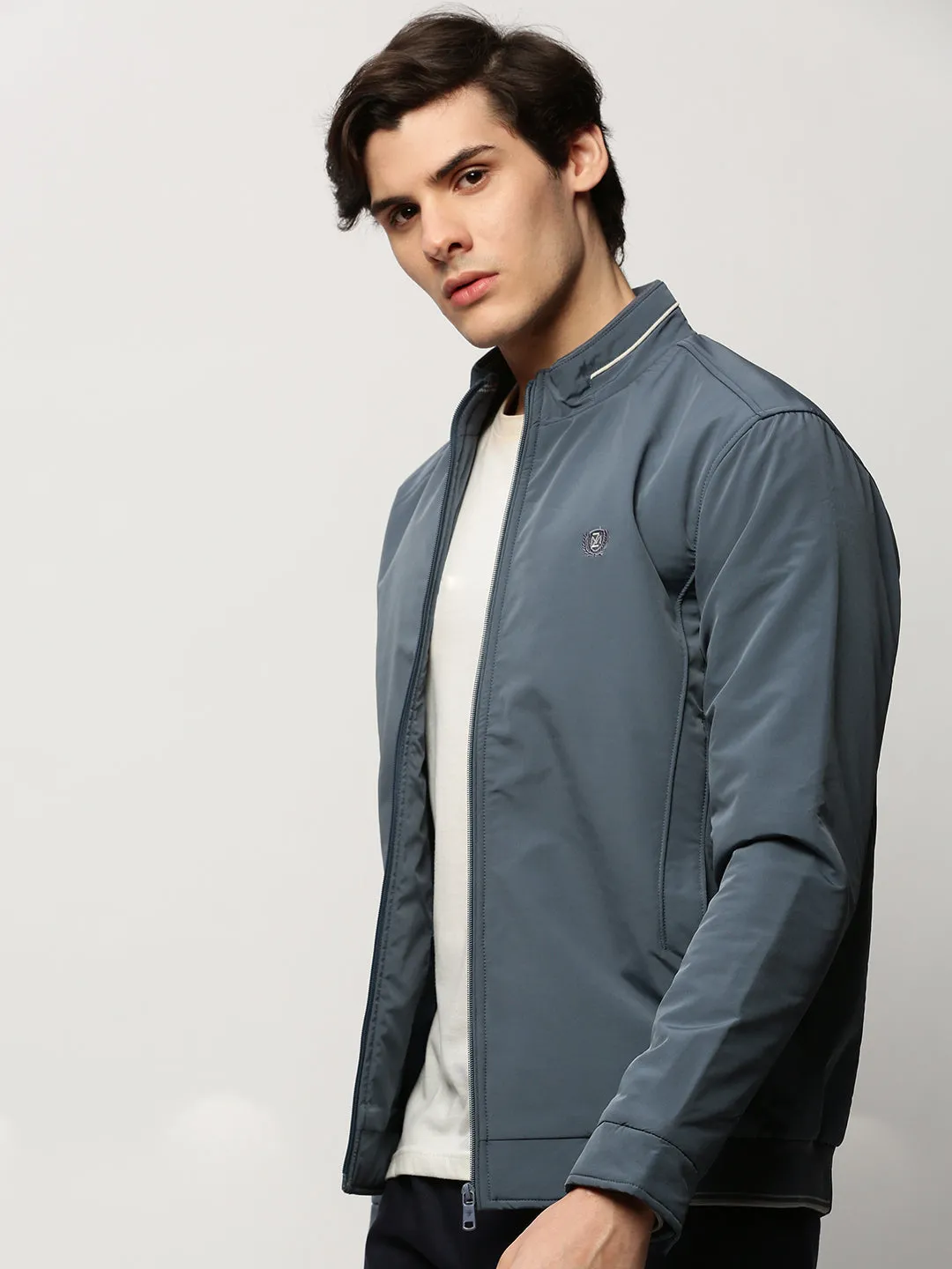 Men Blue Mock Collar Bomber Jacket