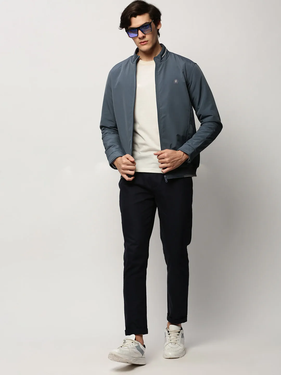 Men Blue Mock Collar Bomber Jacket