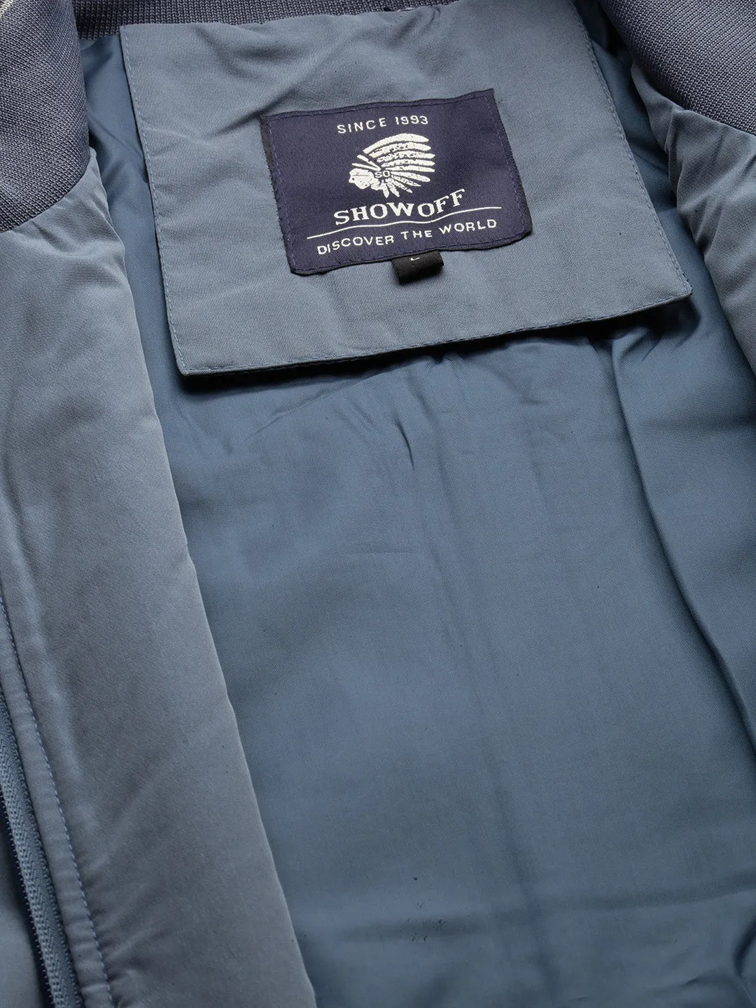 Men Blue Mock Collar Bomber Jacket