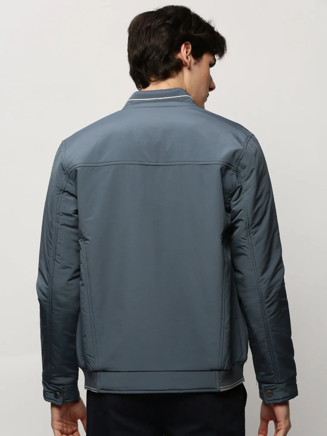 Men Blue Mock Collar Bomber Jacket