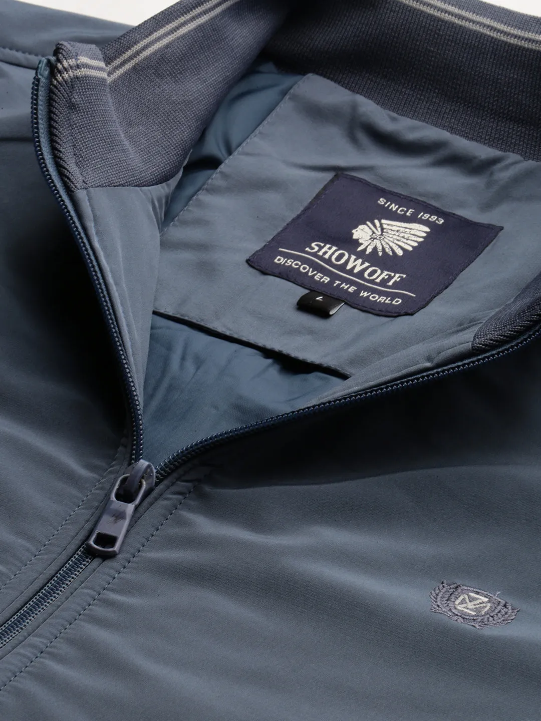 Men Blue Mock Collar Bomber Jacket