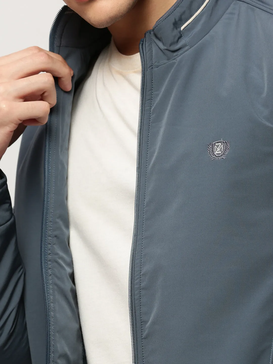 Men Blue Mock Collar Bomber Jacket