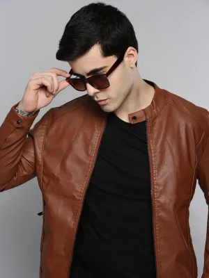 Men Brown Solid Leather Jacket