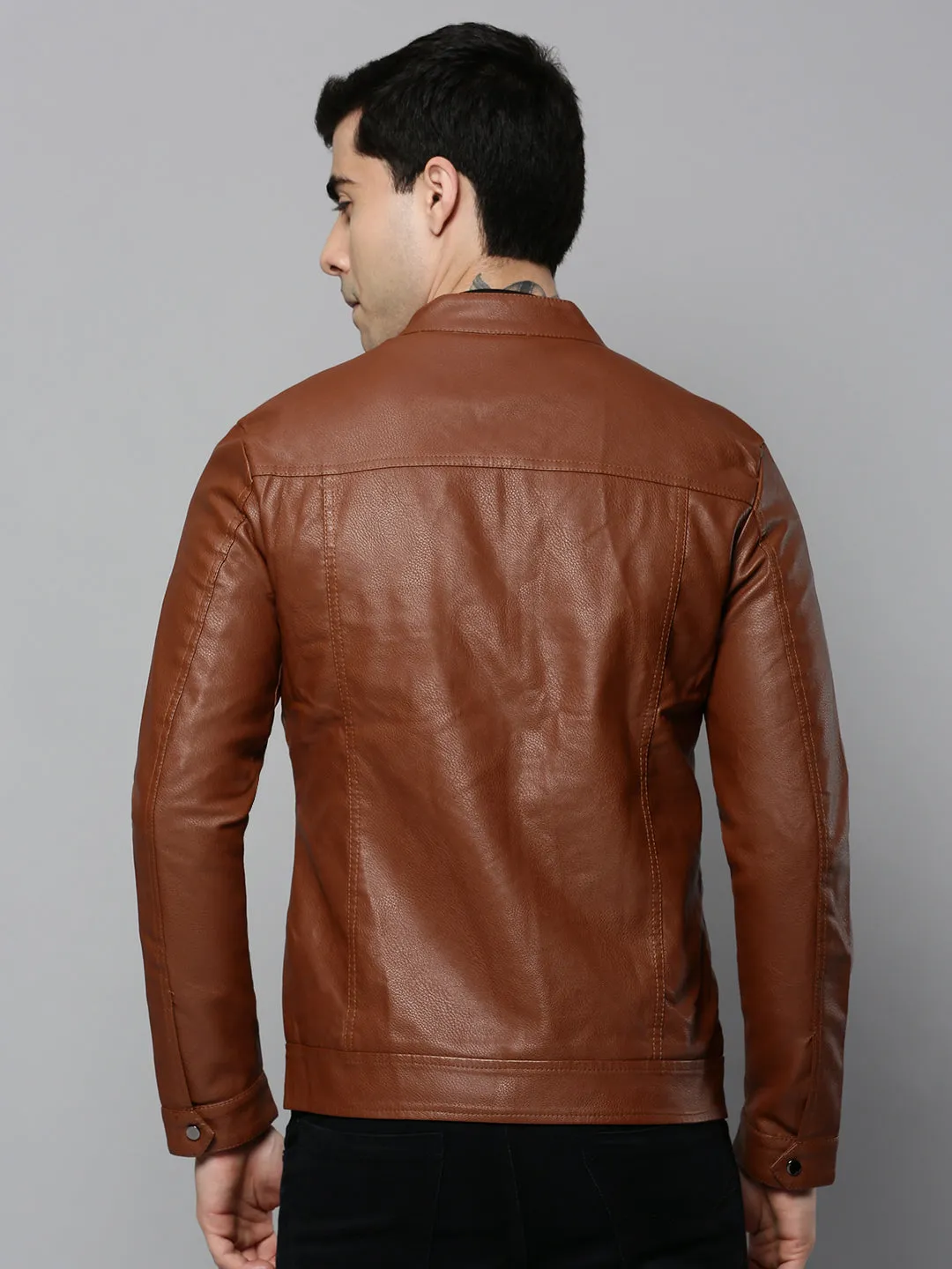 Men Brown Solid Leather Jacket
