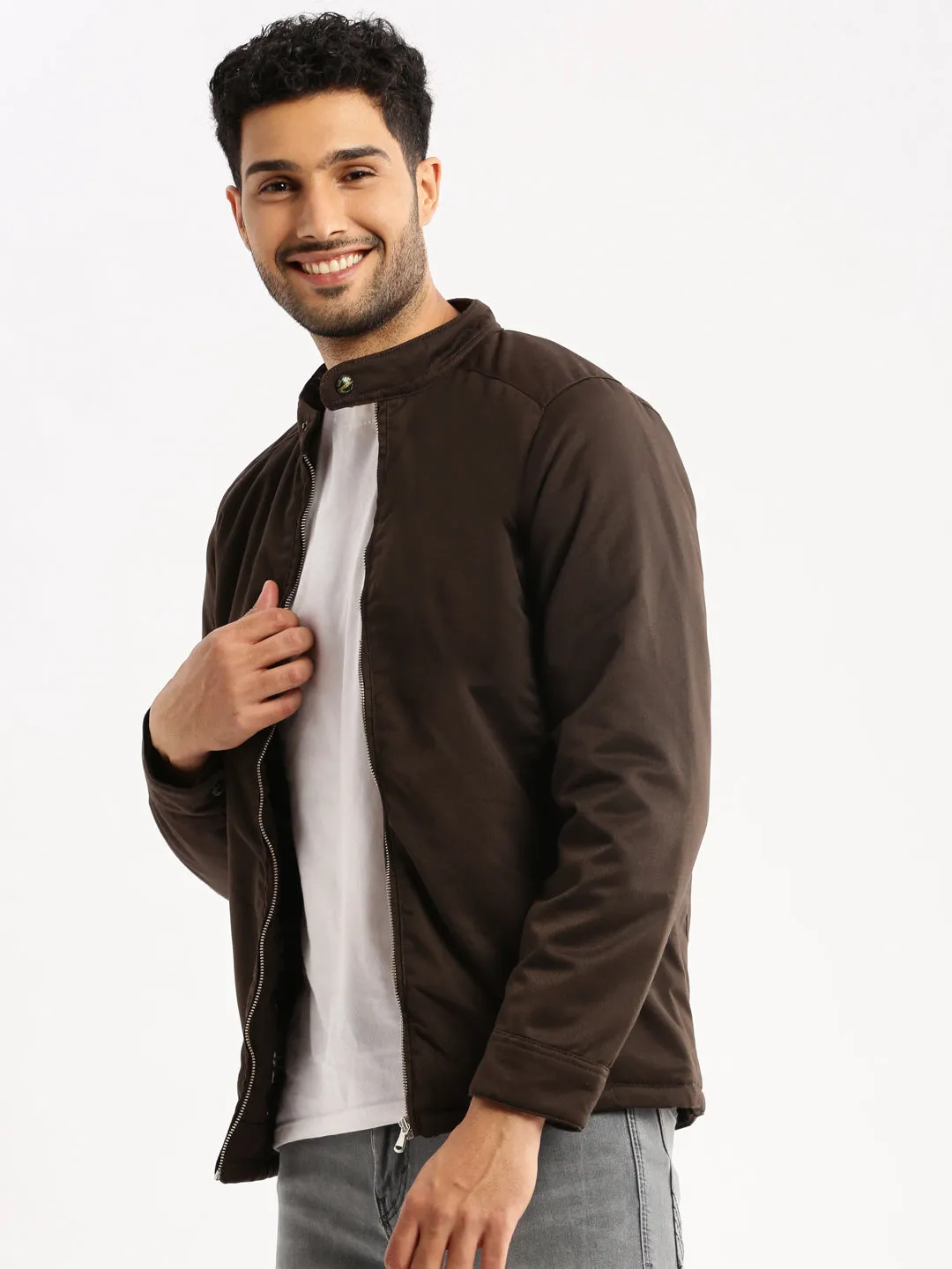 Men Brown Stand Collar Tailored Jacket