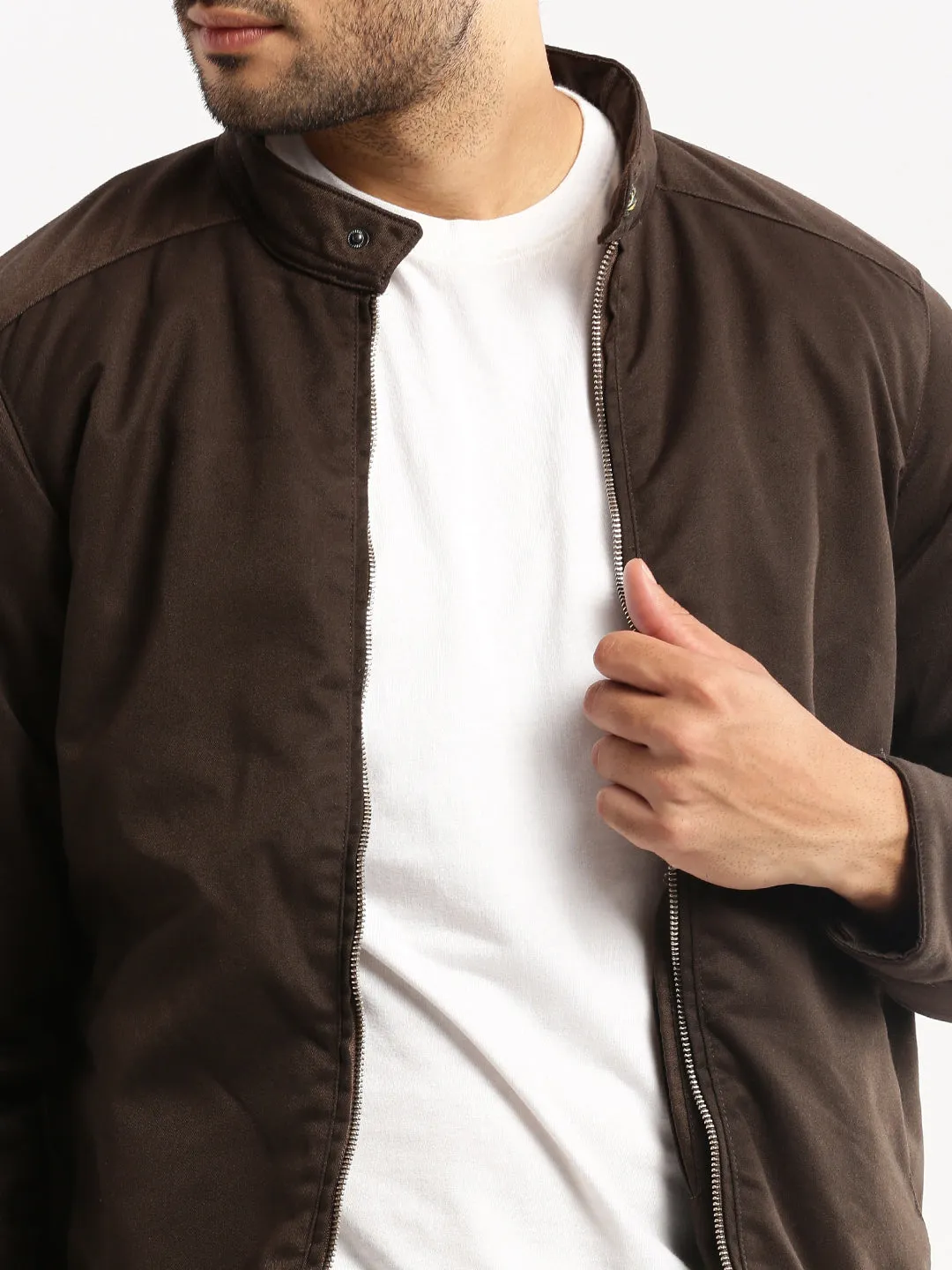 Men Brown Stand Collar Tailored Jacket