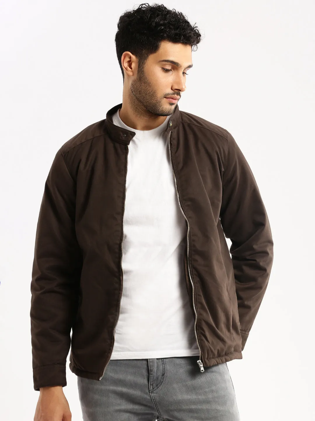 Men Brown Stand Collar Tailored Jacket