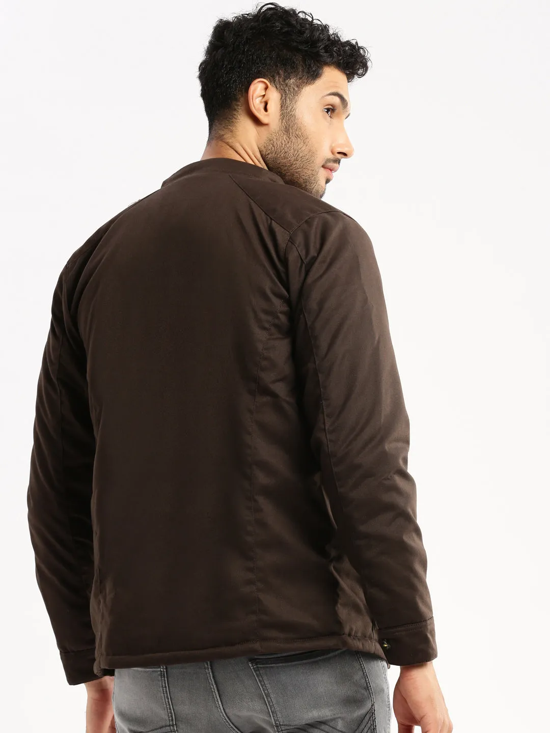 Men Brown Stand Collar Tailored Jacket