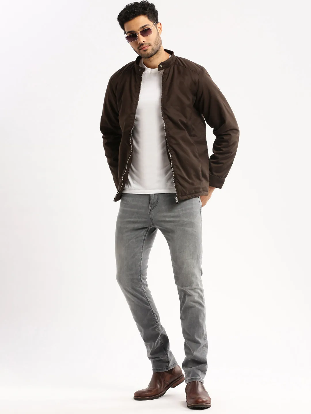 Men Brown Stand Collar Tailored Jacket