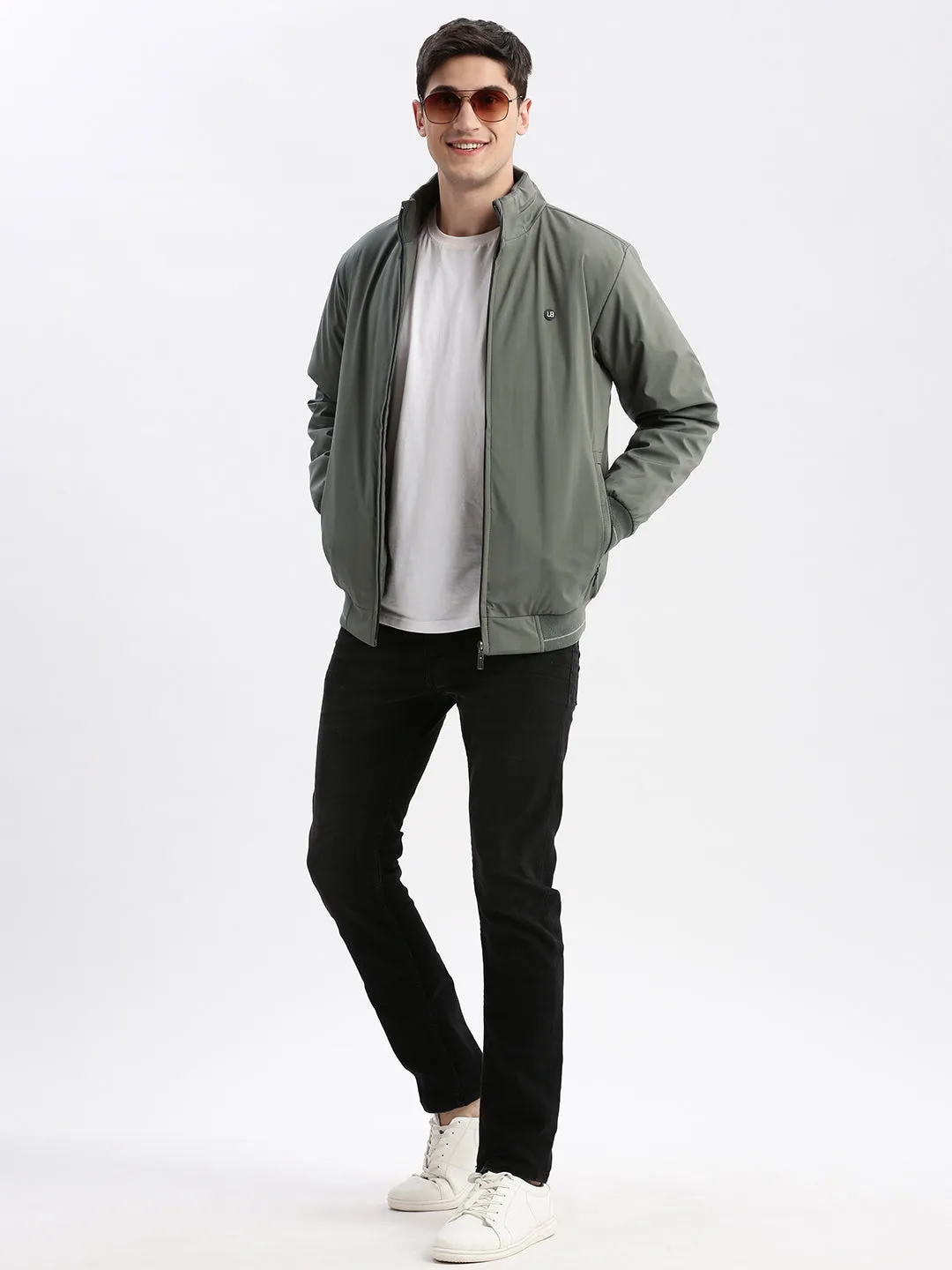 Men Geometric Mock Collar Olive Bomber Jacket