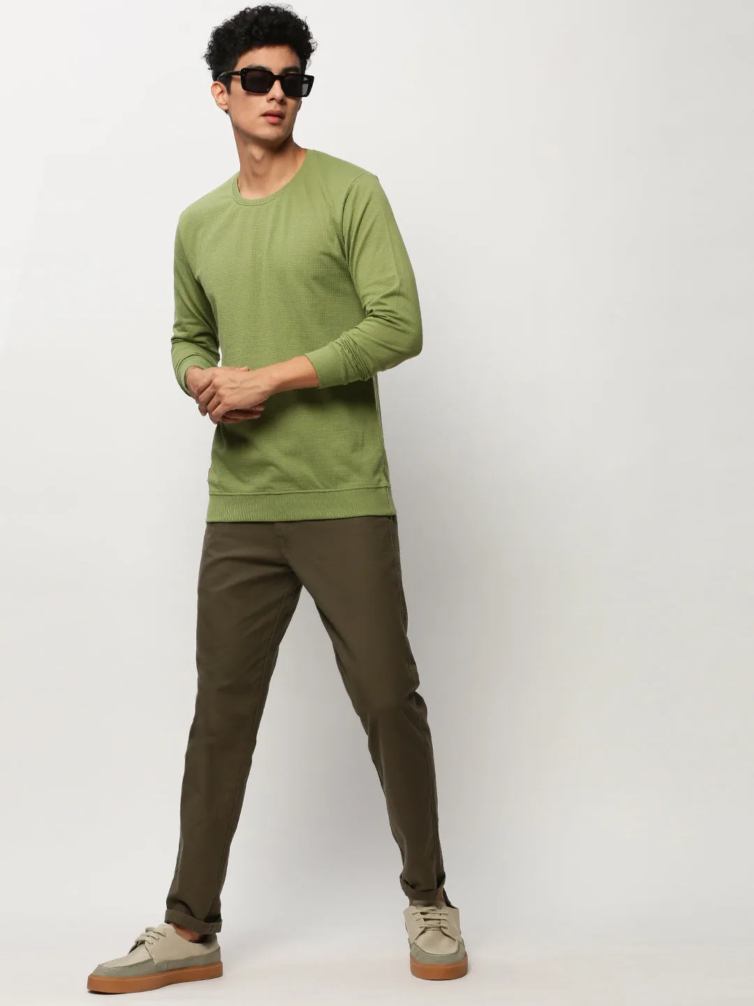 Men Green Round Neck Cotton Sweatshirt