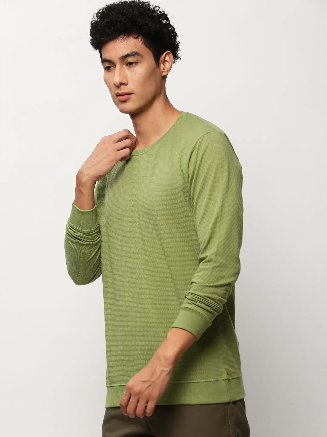 Men Green Round Neck Cotton Sweatshirt