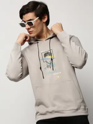Men Grey Graphic Printed Hooded Cotton Pullover