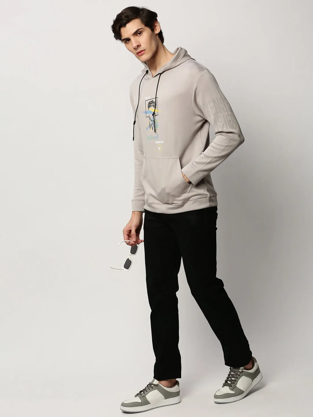 Men Grey Graphic Printed Hooded Cotton Pullover