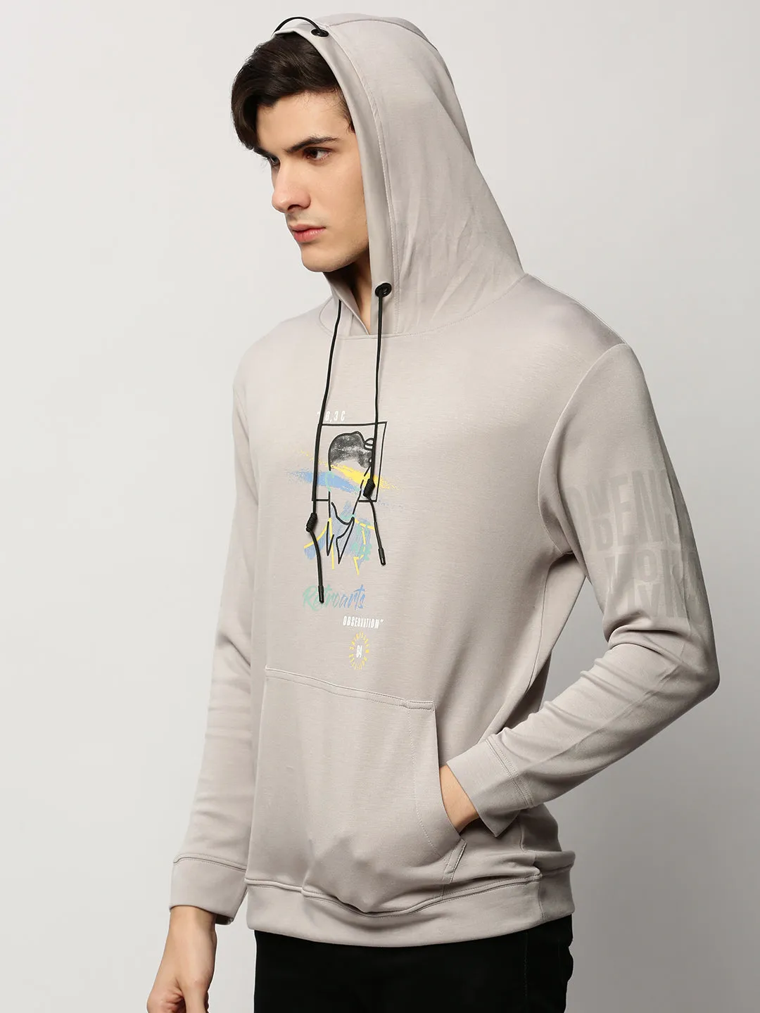 Men Grey Graphic Printed Hooded Cotton Pullover