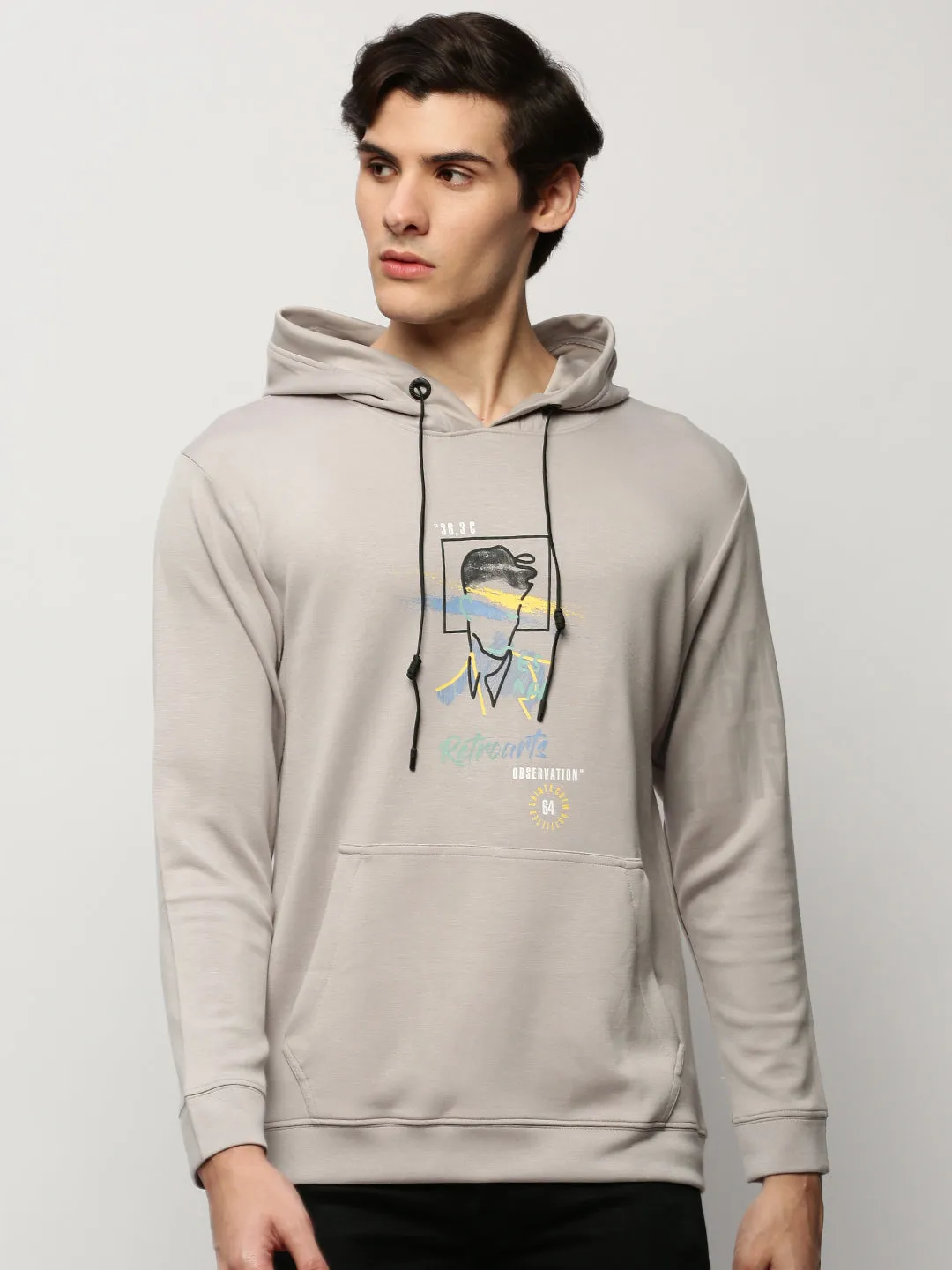 Men Grey Graphic Printed Hooded Cotton Pullover