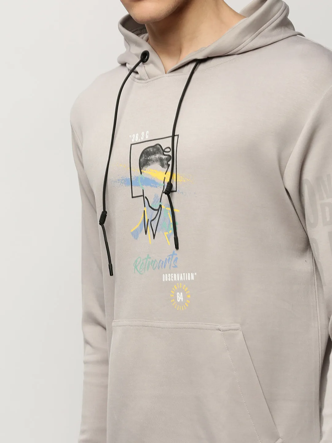 Men Grey Graphic Printed Hooded Cotton Pullover
