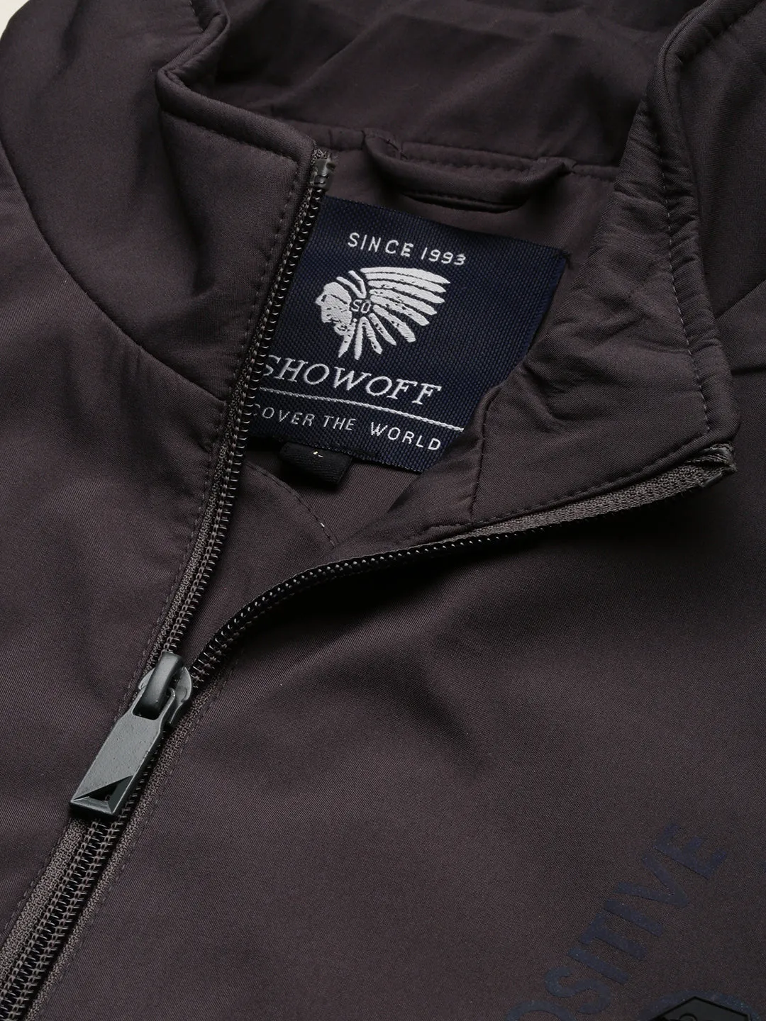 Men Grey Mock Collar Water Resistant Sporty Jacket