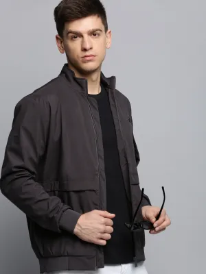 Men Grey Mock Collar Water Resistant Sporty Jacket