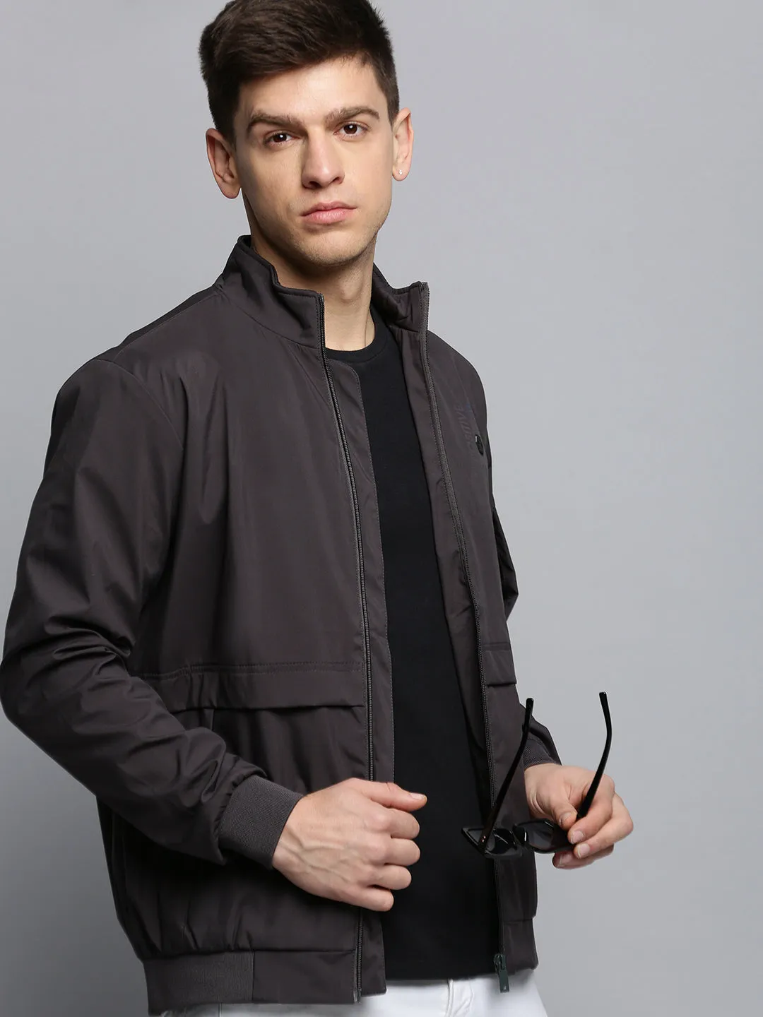 Men Grey Mock Collar Water Resistant Sporty Jacket