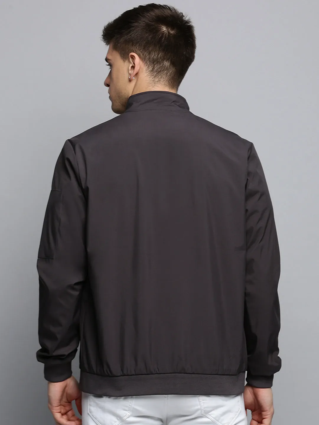 Men Grey Mock Collar Water Resistant Sporty Jacket