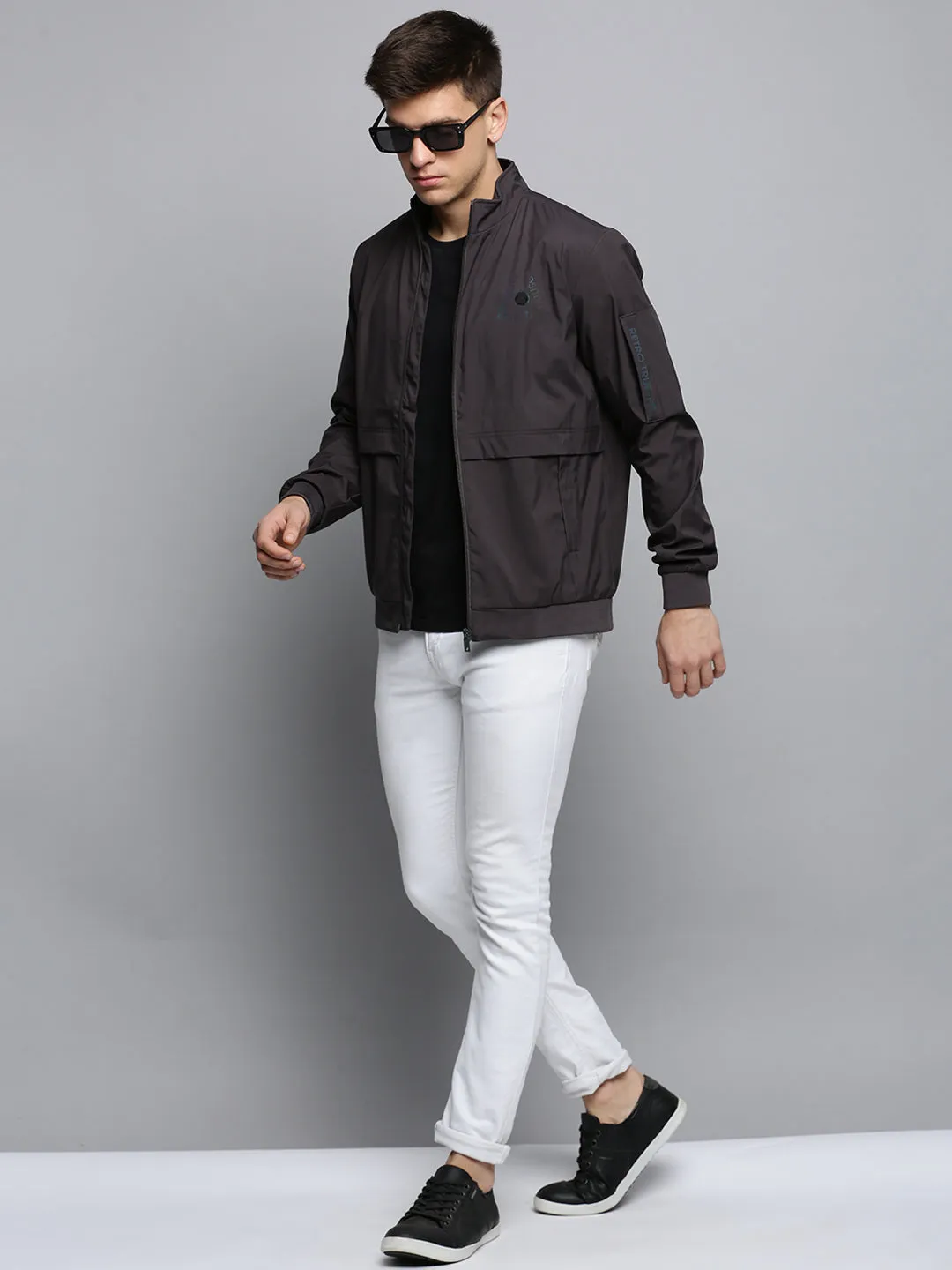 Men Grey Mock Collar Water Resistant Sporty Jacket