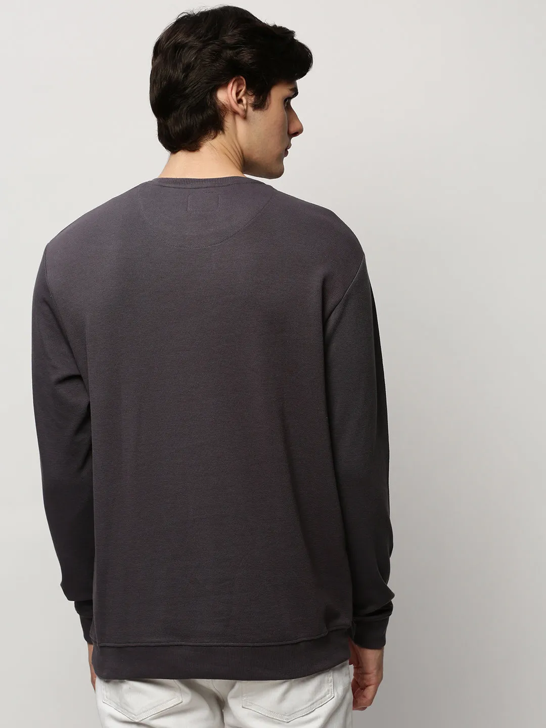 Men Grey Round Neck Long Sleeves Cotton Pullover