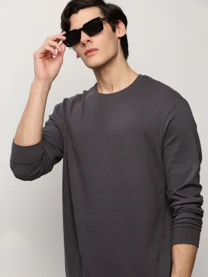 Men Grey Round Neck Long Sleeves Cotton Pullover